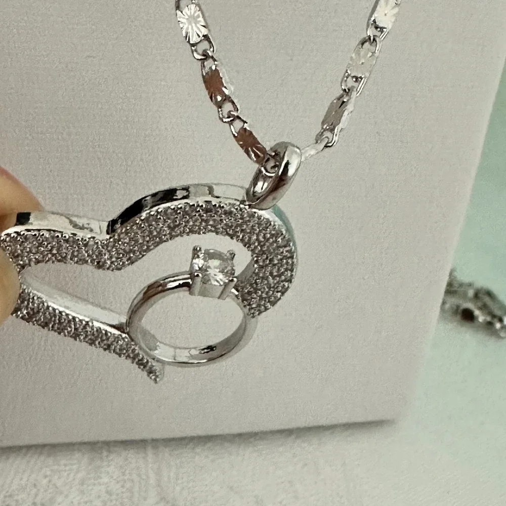 18K Silver Gold Plated‎ Womens Heart-Ring Necklace Chain Pendant Oro Laminado